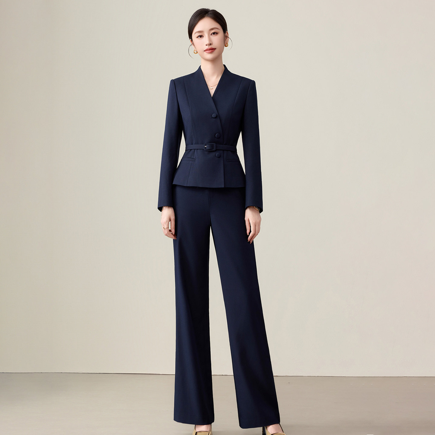 钟老板 藏青色V领西装套装女高级感气质干练微喇裤通勤正装工作服