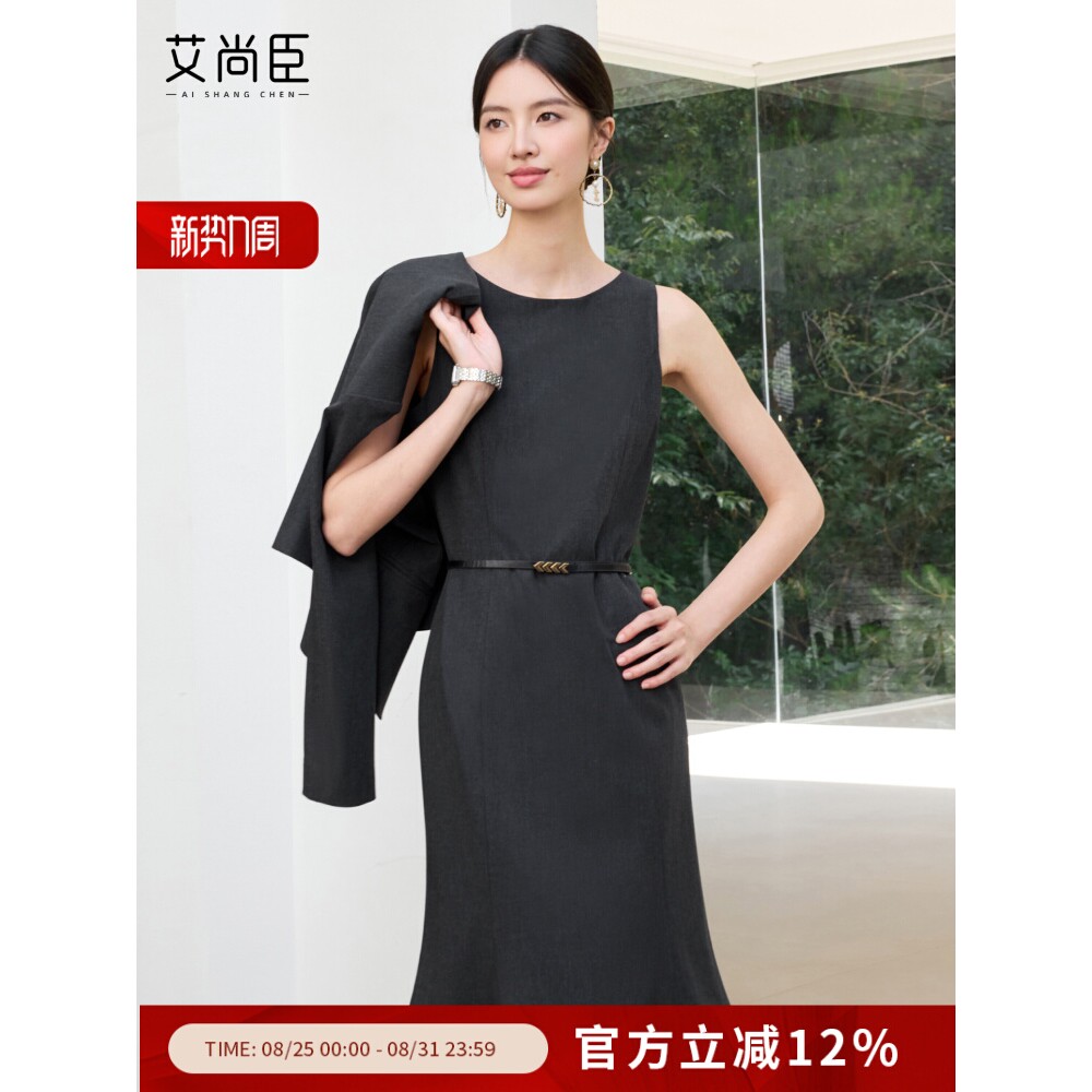 艾尚臣新款黑色无袖连衣裙气质优雅赫本风小黑裙职场正式场合裙子