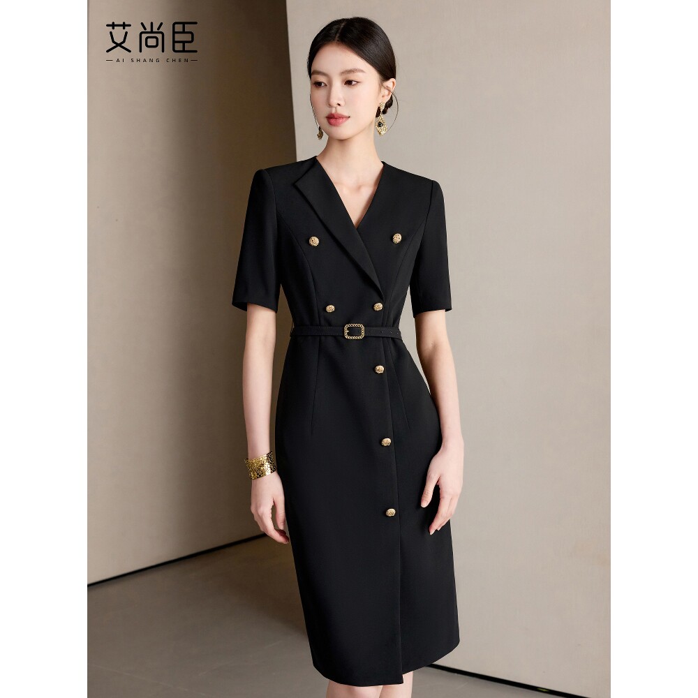 短袖黑色连衣裙西装裙女2025夏新款法式赫本风小黑裙职场通勤裙子