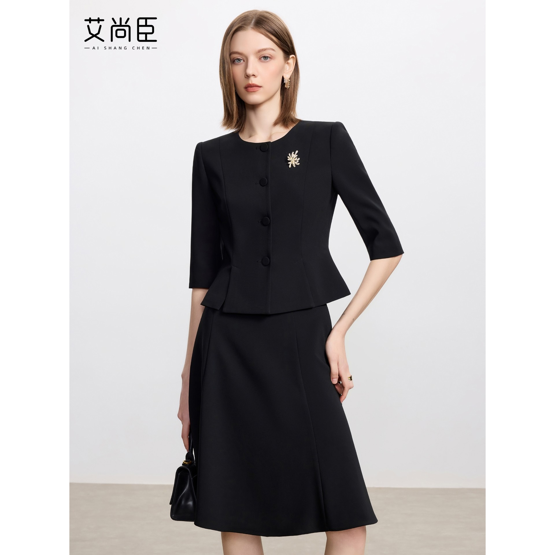 艾尚臣黑色西装套装女新款醋酸高级感西服外套重要场合职业正装秋