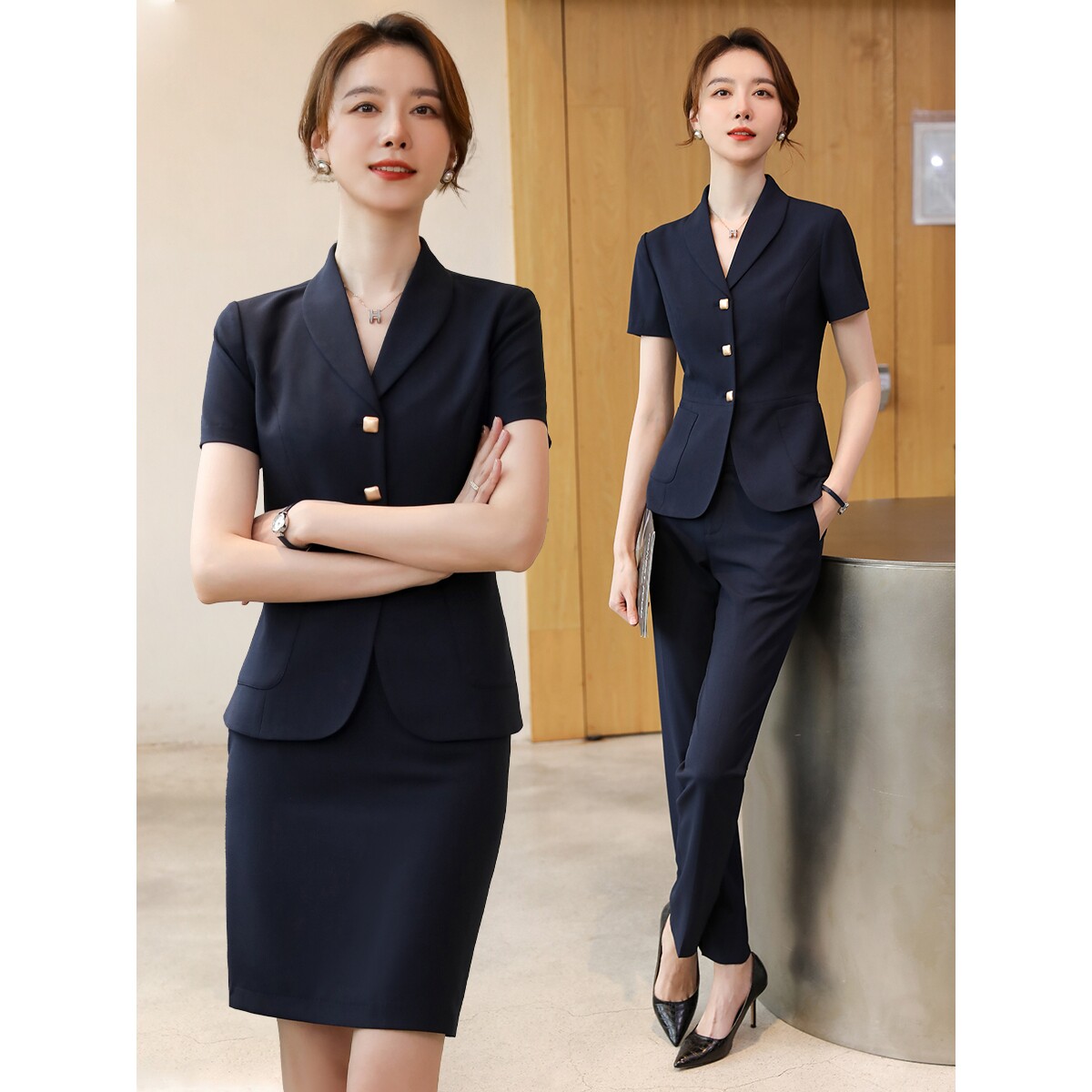 诗璐雅职业套装女士夏天时尚气质小西装白领上班工装短袖工作服薄