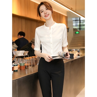 诗璐雅立领雪纺白色衬衫女士春夏新款工作服薄款职业正装气质衬衣