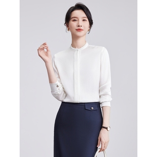 诗璐雅白色长袖衬衫女OL通勤职业衬衣简约小立领百搭上衣气质内搭