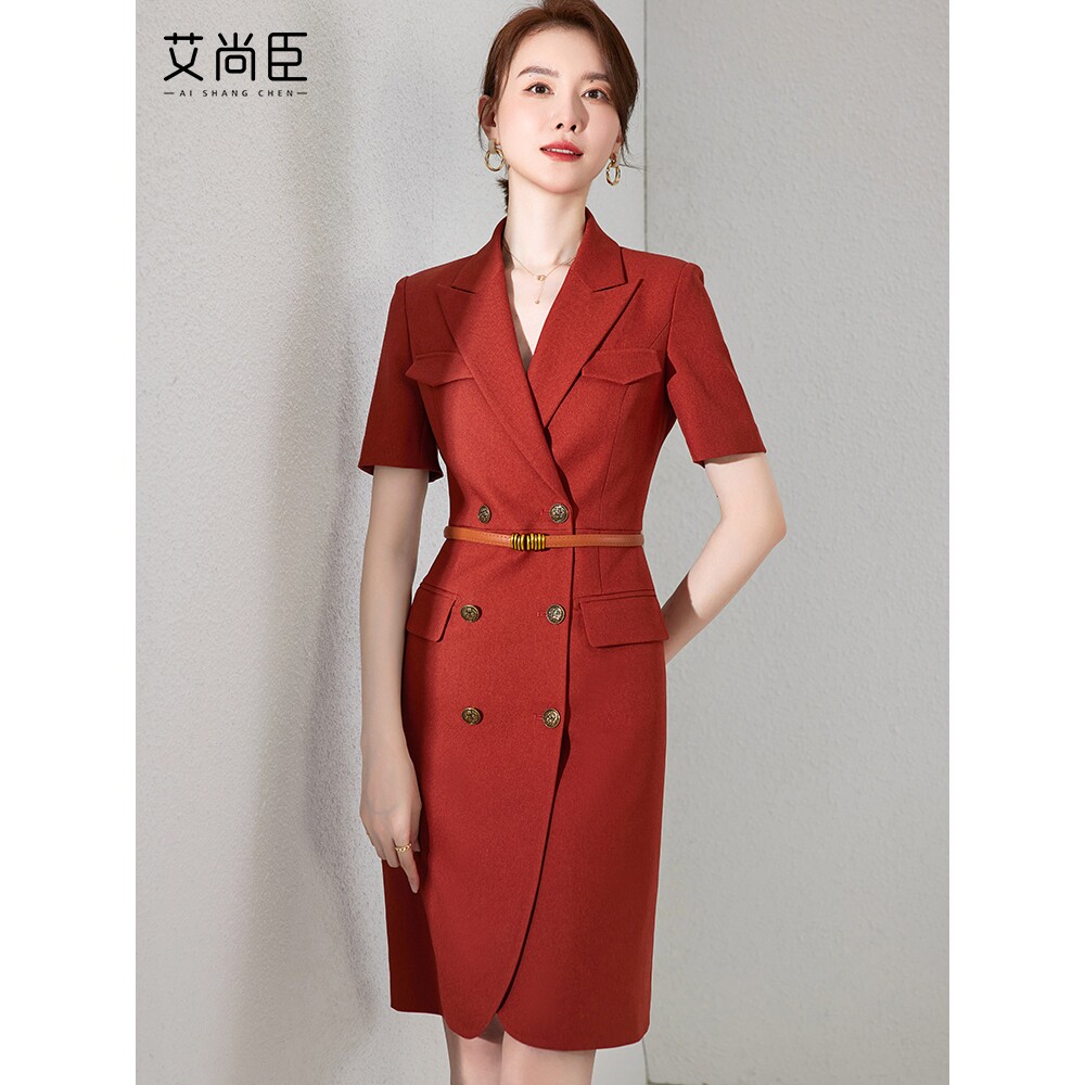 橘红色西装连衣裙夏季薄款女神范工作服高级感通勤职业气质正装裙