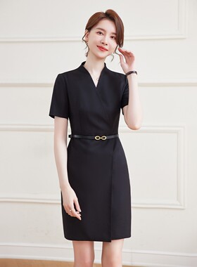 诗璐雅短袖职业通勤连衣裙女2025夏简约商务行政气质工装裙子黑色