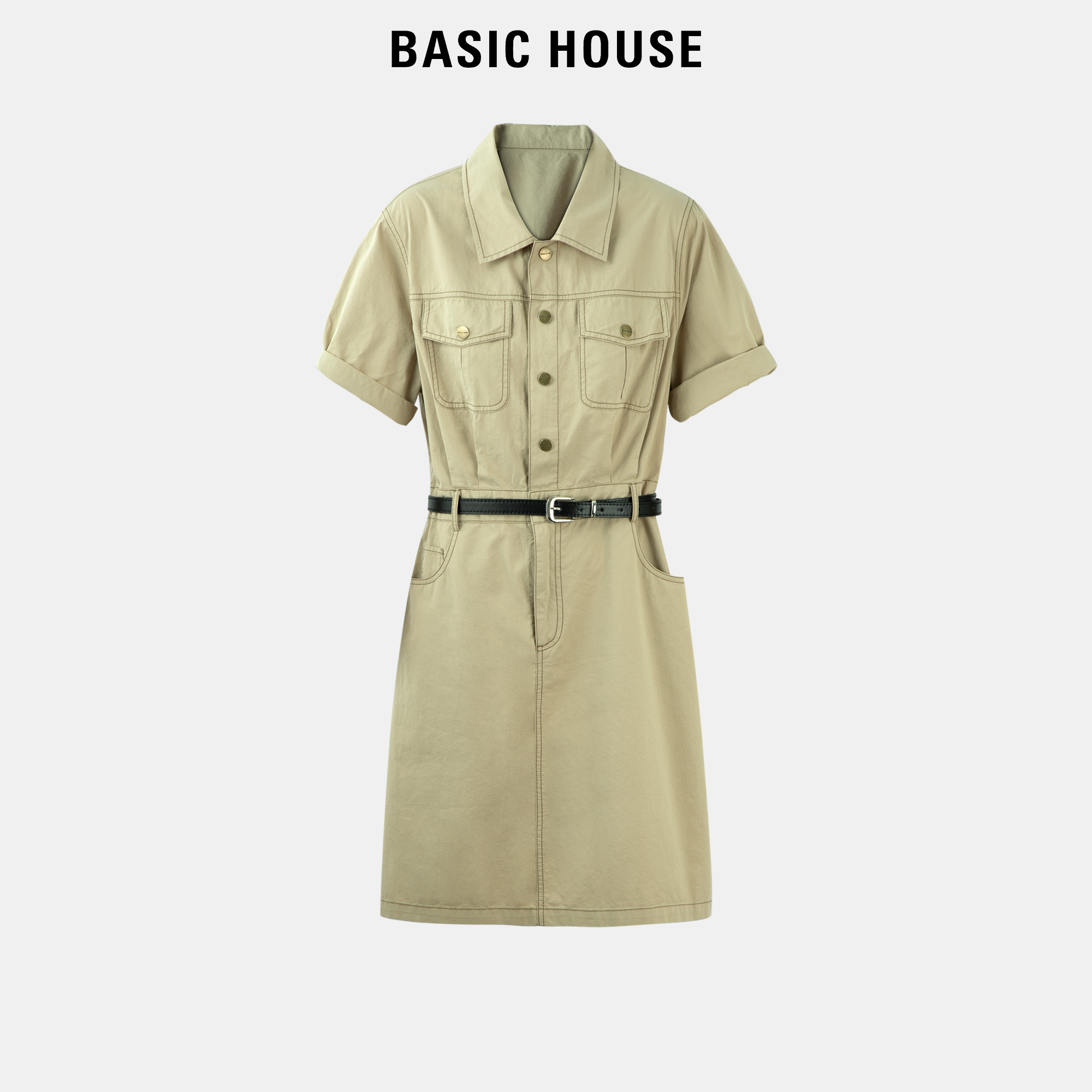 Basic House/百家好工装连衣裙女2024新款收腰显瘦中长款衬衫裙