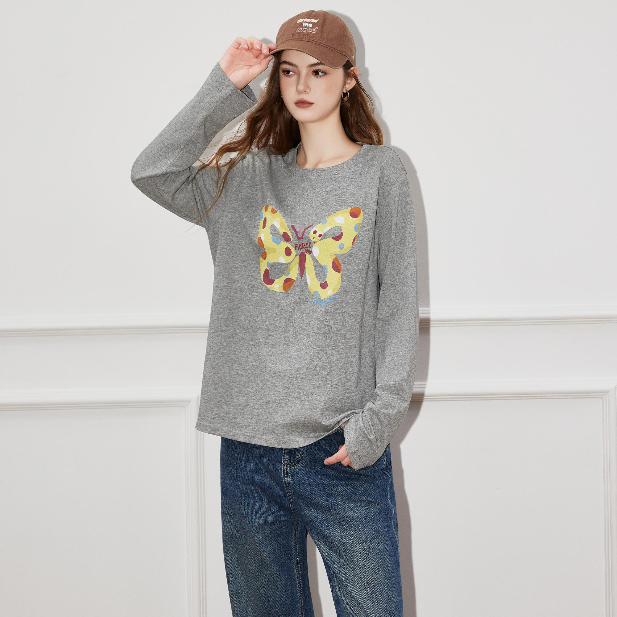 Basic House/百家好【第二件0元】圆领卫衣女上衣2025新款长袖T恤