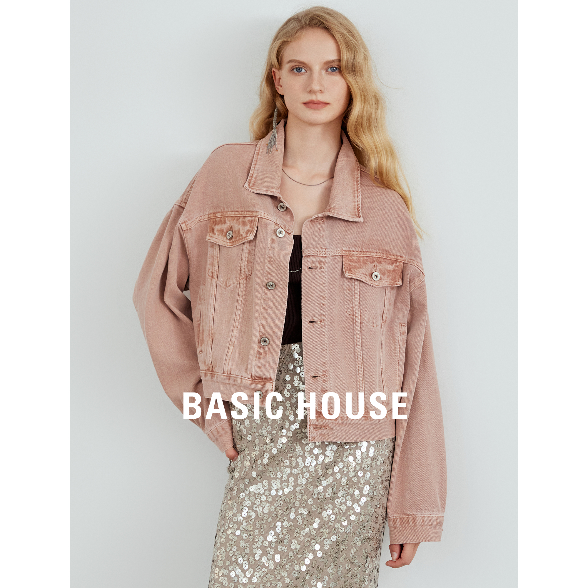 Basic House/百家好丹宁水洗牛仔外套2025春季新款美式复古夹克女