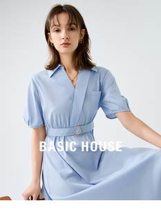 裙2025夏新款 百家好气质v领衬衫 收腰显瘦减龄连衣裙 House Basic