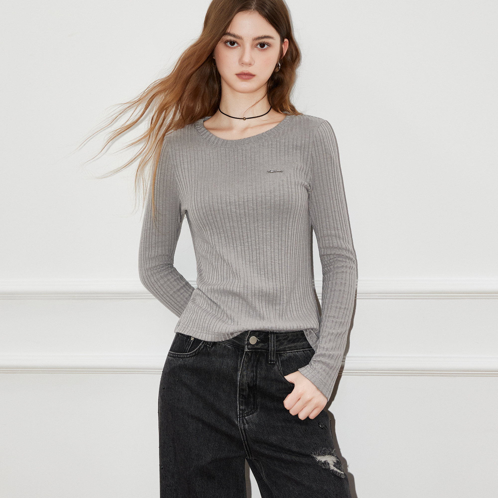 Basic House/百家好韩系长袖针织衫女2025秋季新款上衣小衫打底衫