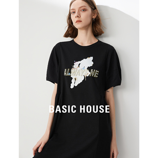 百家好重工短袖 A字连衣裙T恤裙子2024新款 House Basic 圆领中长裙