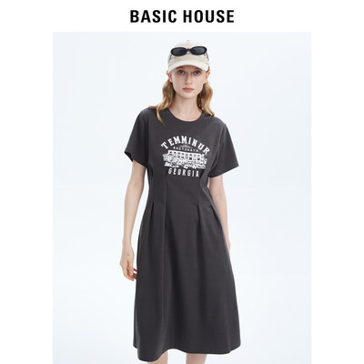 Basic House/百家好连衣裙女2024夏季新款圆领收腰印花修身长裙子