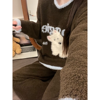 半边绒睡衣女冬季保暖家居服套装