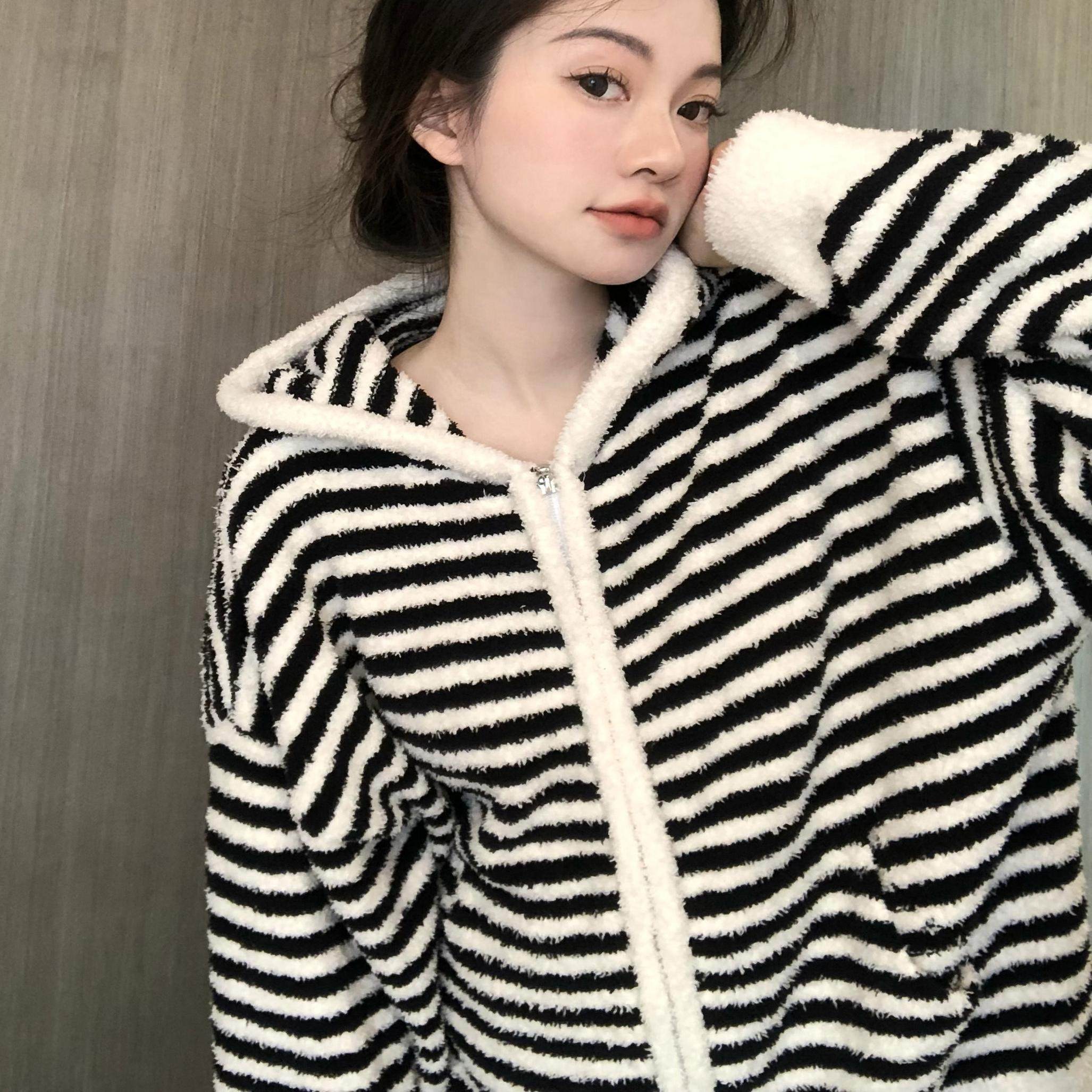 半边绒针织睡衣女冬季家居服套装