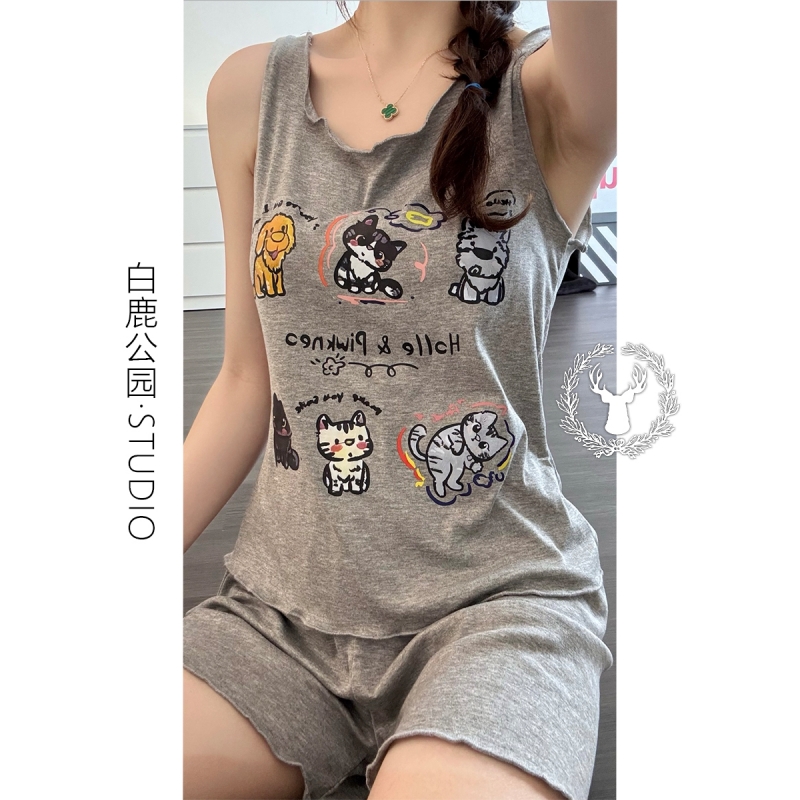 无袖背心睡衣女夏大码家居服套装