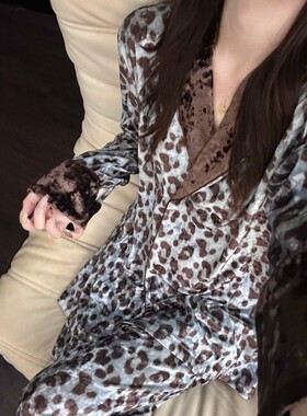 法式复古豹纹印花金丝绒睡衣女秋