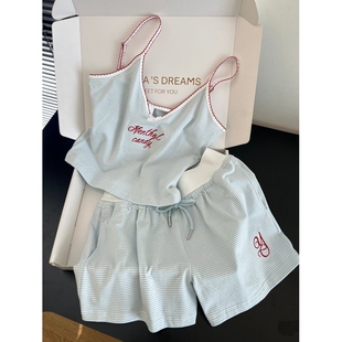 家居服套装 韩版 短裤 春秋季 复古辣妹风条纹拼接蝴蝶结吊带睡衣女款