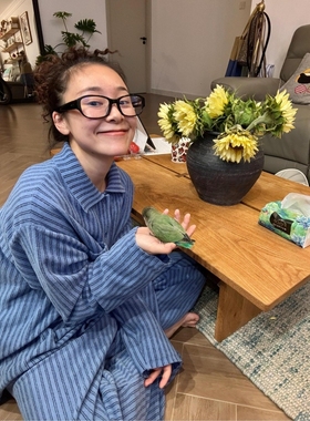 韩版简约蓝色条纹德绒睡衣女秋冬款2025新款保暖可外穿家居服套装