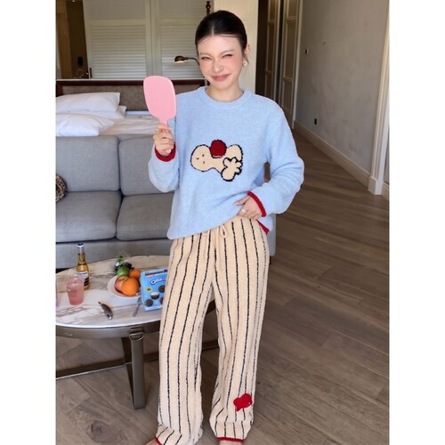 针织半边绒睡衣女冬季家居服套装