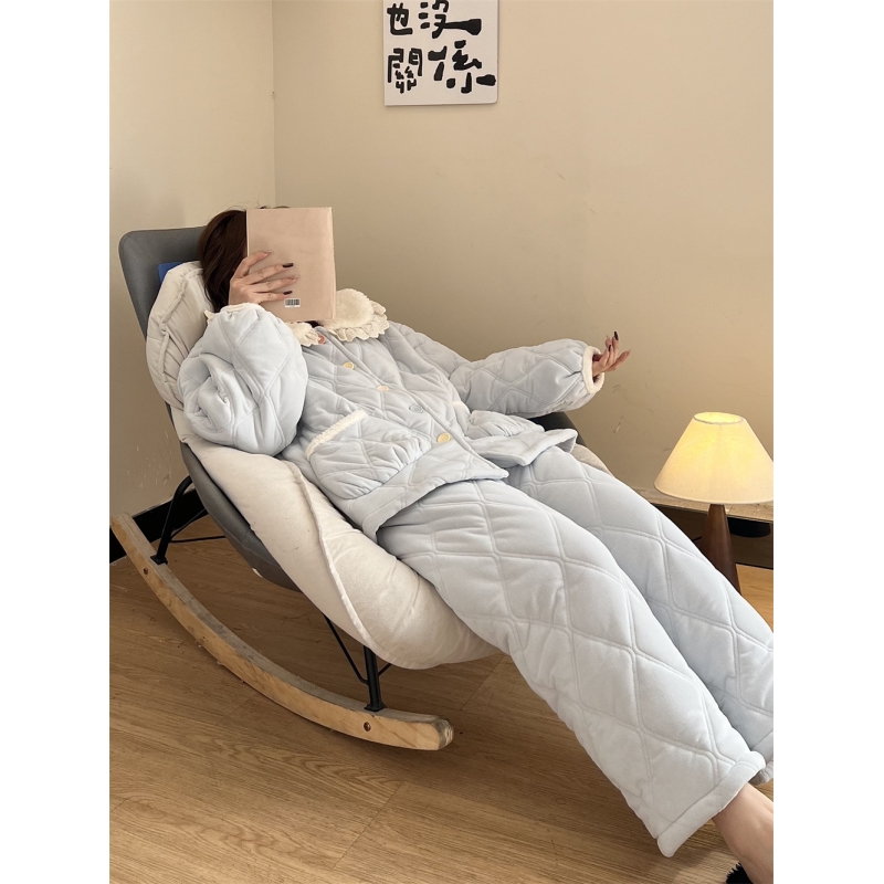 法式可爱娃娃领花边保暖三层夹棉睡衣冬季女新款加绒加厚居家套装