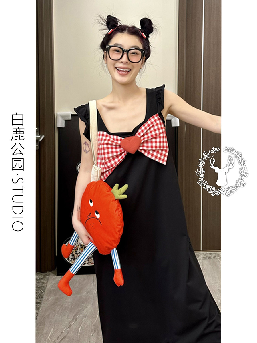 韩版格子蝴蝶结吊带睡裙睡衣女夏季2026新款防凸点家居服连衣裙子