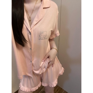 家居服套装 韩系网红风凯蒂猫莫代尔棉烫钻睡衣女夏季 短裤 新款 短袖