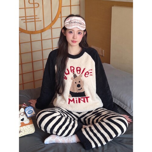 半边绒睡衣女冬季加厚家居服套装