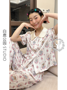 长裤 夏季 短袖 凉感家居服套装 兔小姐印花冰丝睡衣女款 法式 2025新款