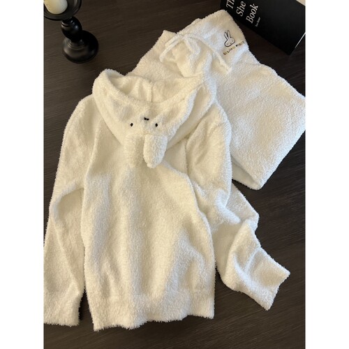 连帽半边绒睡衣女冬季家居服套装