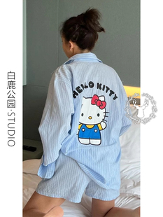 ins凯蒂猫印花睡衣女春秋款 开衫 韩版 新款 外穿 短裤 家居服休闲套装