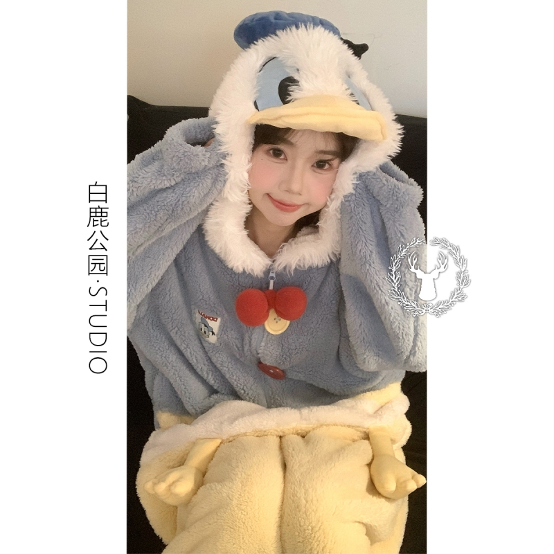 连帽珊瑚绒睡衣女冬季家居连体衣