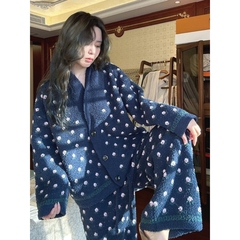 法式碎花软糯针织半边绒睡衣女秋冬款2025新款加绒加厚家居服套装