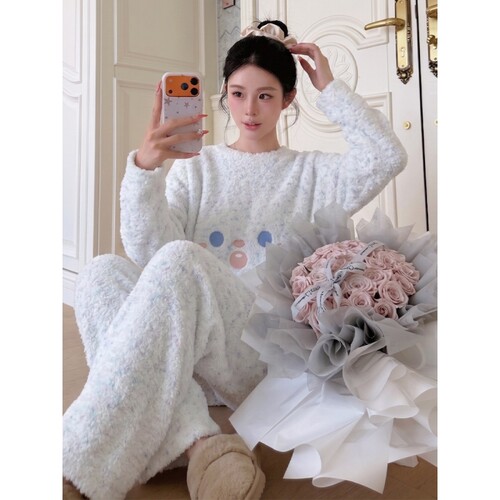 针织半边绒睡衣女冬季家居服套装