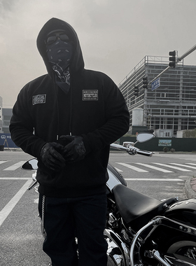 核爆炸哈雷机车骑士徽章花体字印花黑色春秋冬季休闲连帽男士卫衣