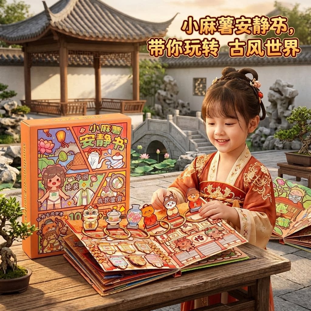 小麻薯安静书新款古风女孩免裁剪磁力磁吸儿童手工diy材料机关贴画换装贴纸书女童立体人物贴纸中国风安静书