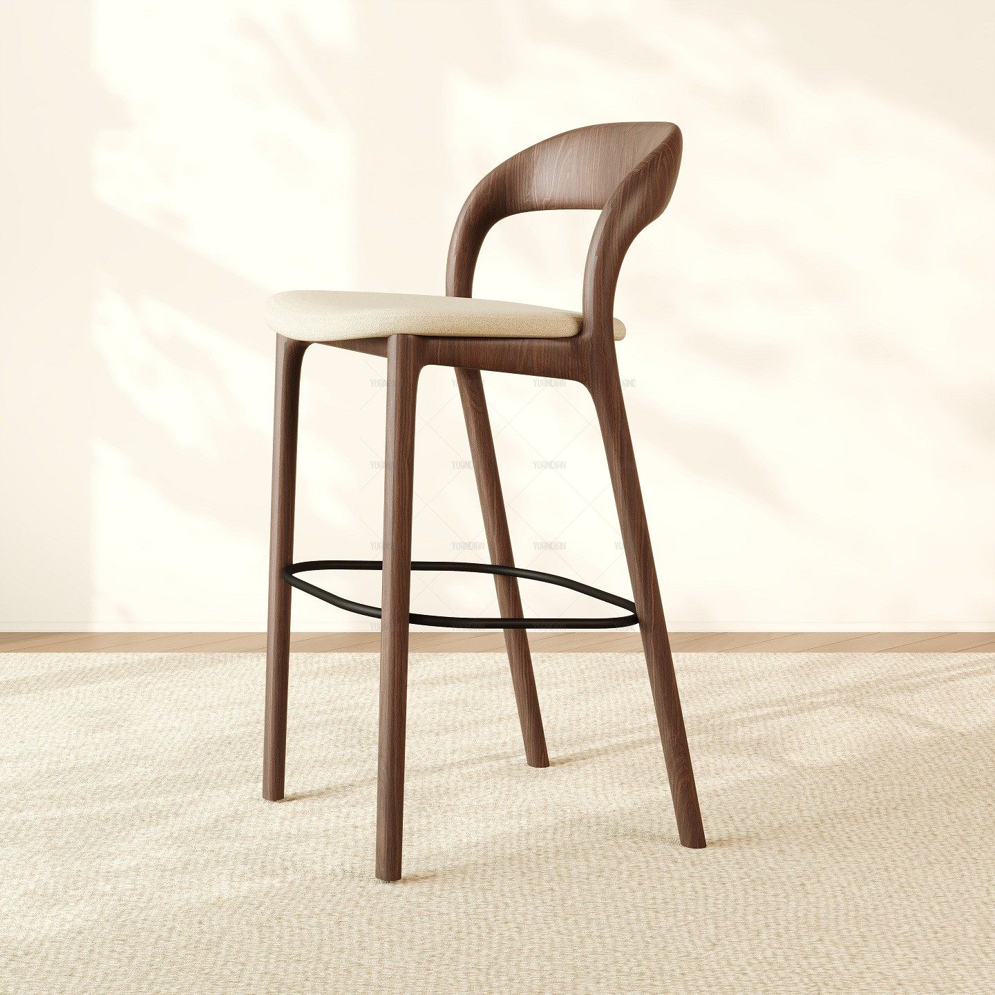 中古风白蜡实木复古吧台椅现代简约高脚凳吧台餐椅胡桃色靠背椅子