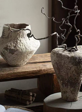 侘寂风复古粗陶花瓶仿古做旧大陶罐民宿装饰艺术高颜值花器插花