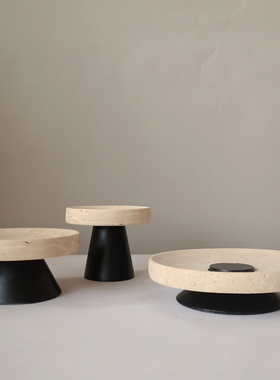 新中式创意天然洞石果盘摆件中古高级感高脚托盘茶几桌面佛手柑