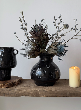 侘寂风黑色陶瓷花瓶摆件客厅插花复古创意双耳高级感艺术水培花器