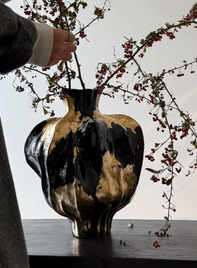 侘寂风金箔花瓶摆件客厅插花手工高档轻奢陶罐民宿软装高级感花器