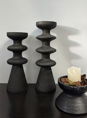 侘寂风做旧黑色实木锥形烛台民宿样板间客厅桌面竖高装饰小摆件