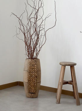 侘寂风复古木质混编花瓶客厅玄关高级感干花插花器落地仿古大花瓶