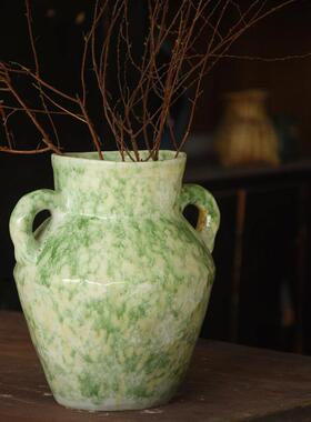 景德镇复古花瓶高级感摆件客厅插花绿色陶瓷花盆冰裂纹装饰摆件