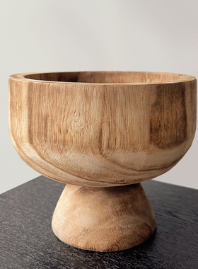 侘寂风高脚实木花盆高级感木质果盘整木果盆零食收纳托盘装饰摆件