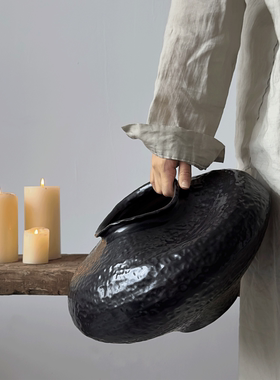 侘寂风黑色不规则花瓶高级感客厅插花水培陶瓷花瓶民宿家居装饰