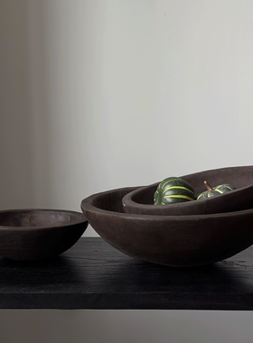 侘寂风佛手柑托盘高颜值木质托盘圆形果盘黑色木盆民宿酒店装饰