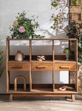 侘寂风复古老松木餐边柜客厅阳台收纳分层架子茶水置物架展示柜
