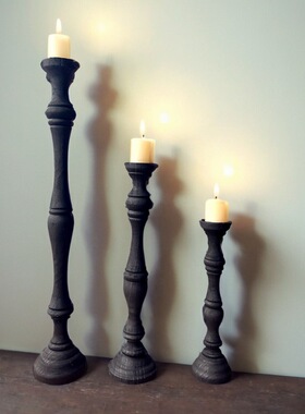 侘寂风木质烛台装饰摆件高级感黑色碳化蜡烛台民宿别墅玄关工艺品