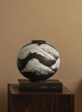 侘寂风黑色陶瓷花瓶新中式桌面电视柜花器创意大肚陶罐家居装饰