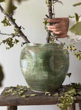 侘寂风陶瓷花盆大号民宿高级感绿色陶罐水培花瓶客厅插花摆件花器